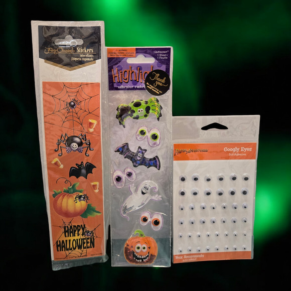 Vintage NEW Puffy Embellished Amscan + Googly Eyes Web Night Halloween Stickers - Picture 9 of 10